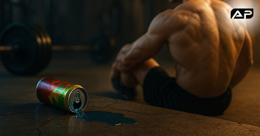 A spilled energy drink can on a gym floor with a muscular athlete sitting in the background, suggesting regret or exhaustion—visually symbolizing the hidden cost of synthetic energy drinks on muscle recovery.