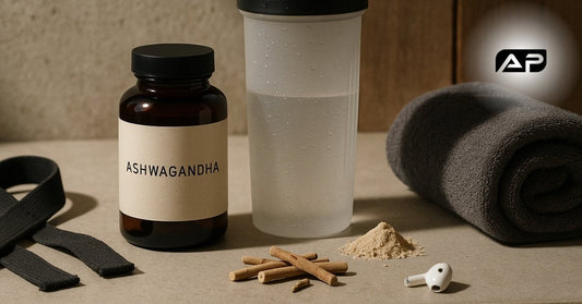 Ashwagandha supplement bottle on a countertop beside lifting straps, a shaker bottle, raw ashwagandha, a towel, and an earbud.
