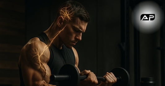 male athlete performing bicep curls in a gym, with glowing neural pathways visually connecting his brain to his arm muscles, symbolizing mind-muscle connection