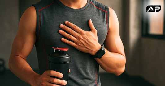 Fit man in a sleeveless workout shirt rests a hand on his chest while holding a shaker bottle, symbolizing awareness of heart health and stimulant effects in pre-workout supplements.