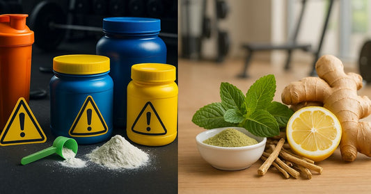 Split-image showing the contrast between synthetic and natural pre-workout supplements