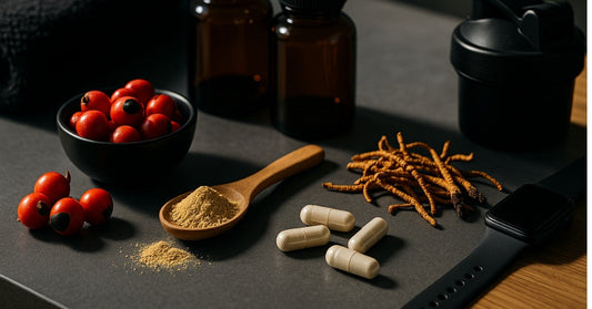 Flat-lay of natural supplements for energy including guarana berries, maca root powder, cordyceps, and capsules on a modern tabletop with amber bottles and a shaker bottle.