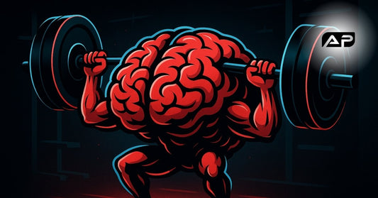 Illustration of a muscular brain lifting a heavy barbell, symbolizing the combination of mental focus and physical strength; AP Labs logo in the corner.