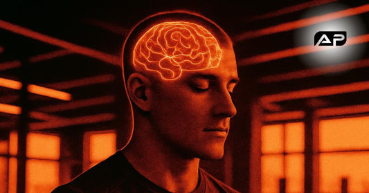 Athlete with eyes closed in a gym, a glowing brain illustration overlaid on his head, symbolizing the power of mental focus and neuroscience in strength training.