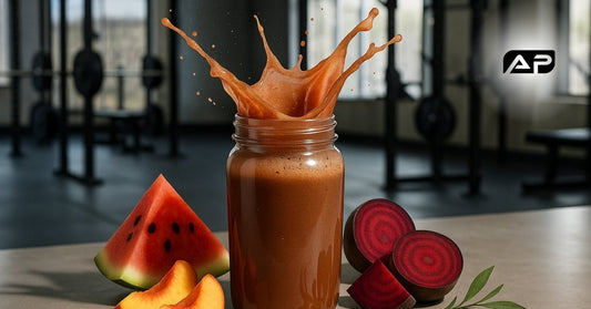 A glass jar filled with a vibrant red pre-workout drink splashing upward, surrounded by fresh slices of watermelon, peach, and beets, on a gym table with blurred workout equipment in the background. AP Labs logo in the top right corner.