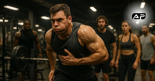 A muscular man in a gym, rushing away from a bench press while clutching his stomach and puffing out his cheeks as if trying not to vomit, with several surprised gym-goers watching in the background.