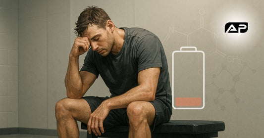 Man sitting on a gym bench post-workout, visibly fatigued, with a low battery icon beside him—symbolizing a pre-workout supplement crash.