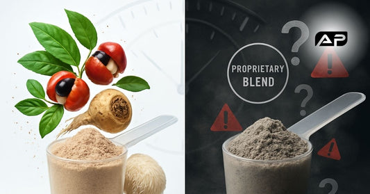 A split image of two pre-workout scoops—one clear with natural ingredients, the other cloudy with warning signs and question marks.