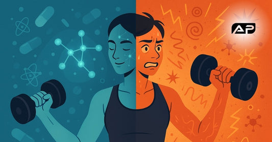 Person lifting weights, split between calm focus on one side and anxious, overstimulated expression on the other, symbolizing different effects of pre-workout supplements.