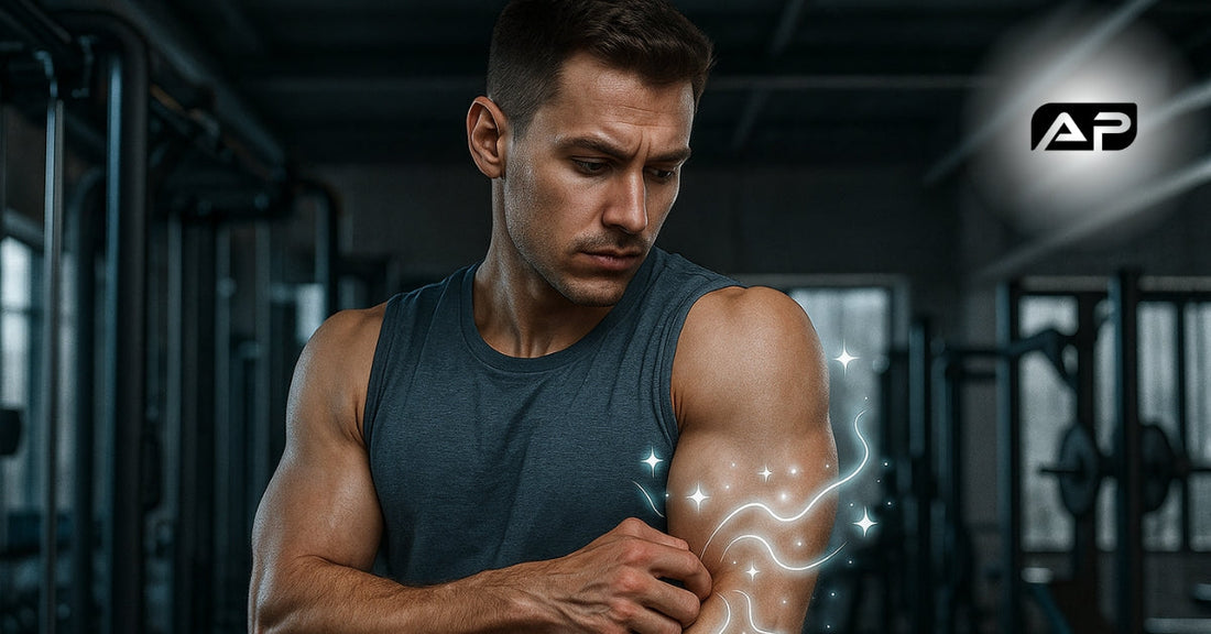 A fit man in a gym scratches his arm, with glowing lines and sparkles illustrating a tingling sensation. Gym equipment is blurred in the background.