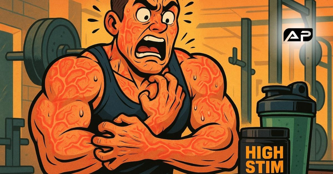 Cartoon-style illustration of a muscular male athlete in a gym, aggressively scratching his chest and arms with a panicked expression. His skin is glowing red with exaggerated vein-like patterns, representing intense beta-alanine tingles.