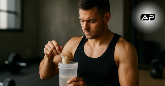 Man in a gym scooping light brown pre-workout powder into a shaker bottle.