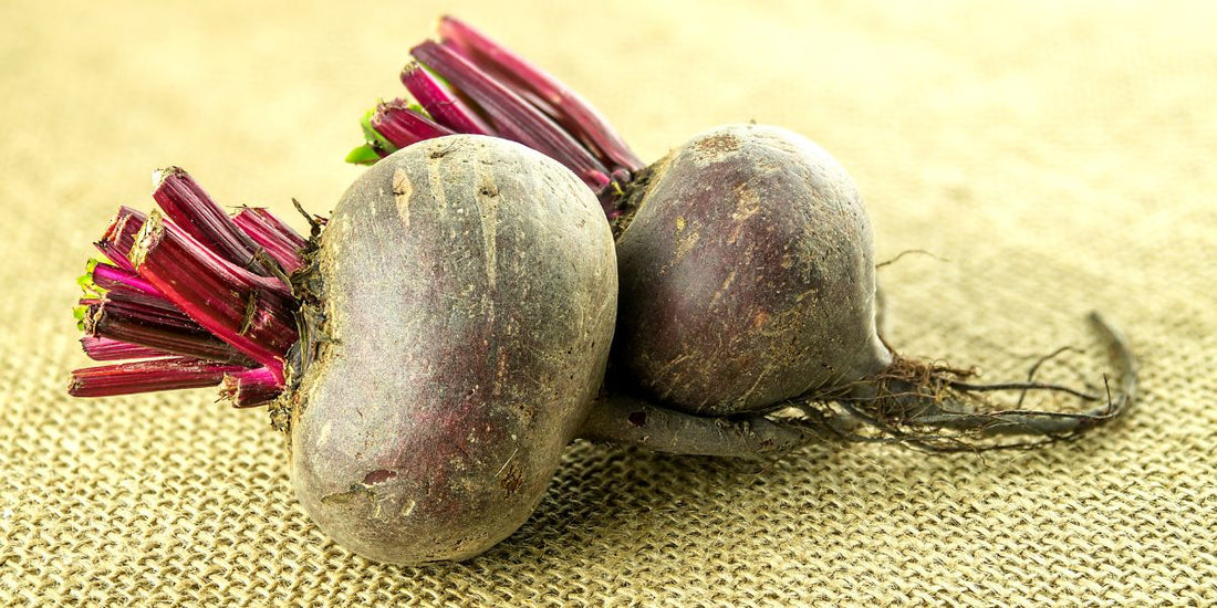 two beets sitting on a yellow fabric