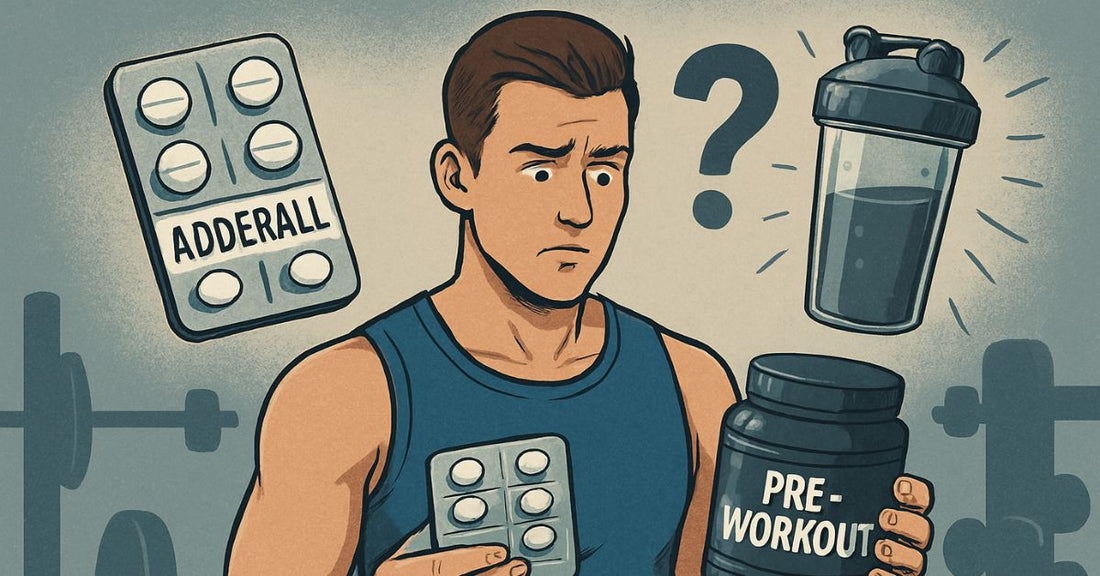 Illustration of a confused man holding a pre-workout container, surrounded by Adderall pills, a shaker bottle, and question marks—depicting the dilemma of combining Adderall with pre-workout supplements.