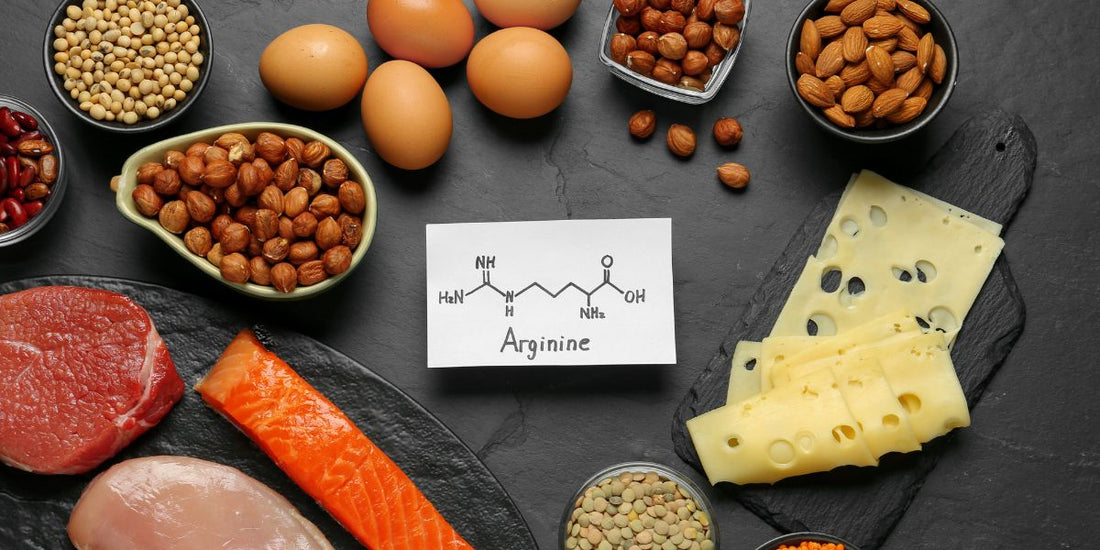 L-Arginine molecular structure surrounded by foods rich in L-Arginine