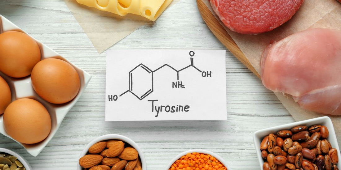 L-Tyrosine molecular structure surrounded by various foods rich in L-Tyrosine