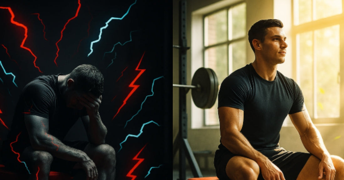 Before and after pre-workout crash—fatigued vs focused gym-goer