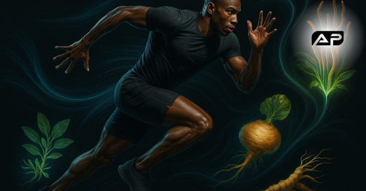 Athlete sprinting with Ashwagandha root, Maca root, and Cordyceps mushrooms symbolizing natural adaptogen pre workout energy and recovery.