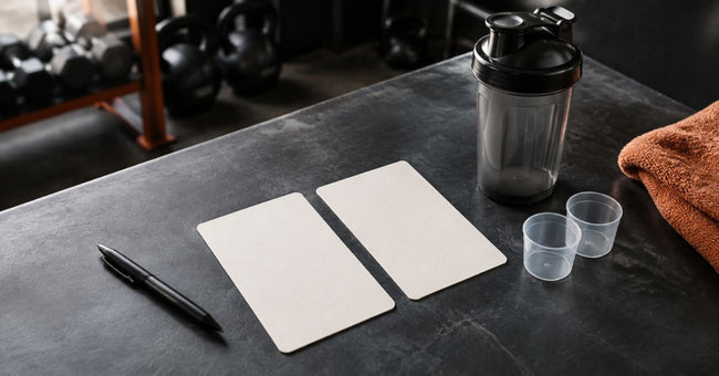 Two blank comparison cards, a pen and measuring cups beside an unbranded shaker.