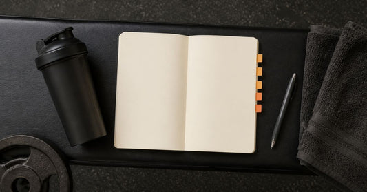 Open notebook with five orange tabs, pen, shaker and towel on a gym bench.
