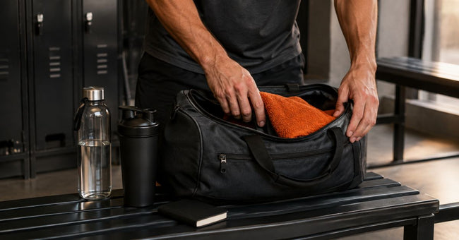An athlete packing an orange towel into a gym bag beside water, a shaker and a notebook.