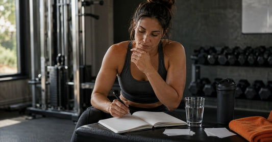 An athlete reviewing a training journal beside a shaker and water glass in a gym.