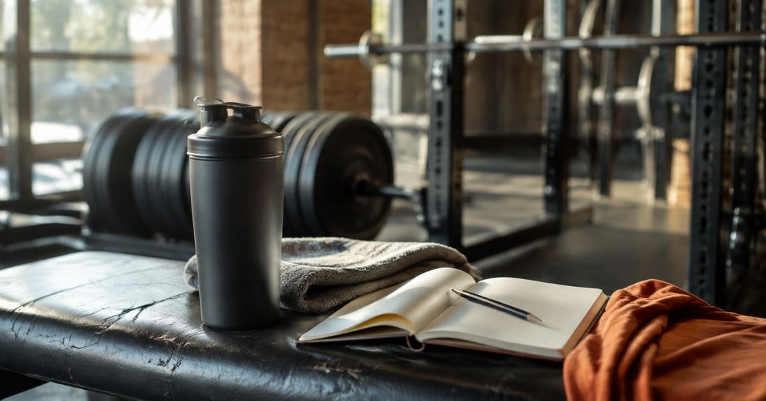 Unbranded shaker bottle, towel and open training notebook on a gym bench beside weight plates.