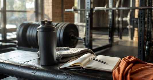 Unbranded shaker bottle, towel and open training notebook on a gym bench beside weight plates.
