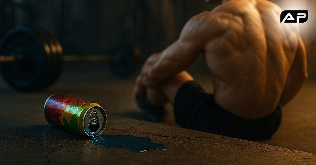 A spilled energy drink can on a gym floor with a muscular athlete sitting in the background, suggesting regret or exhaustion—visually symbolizing the hidden cost of synthetic energy drinks on muscle recovery.