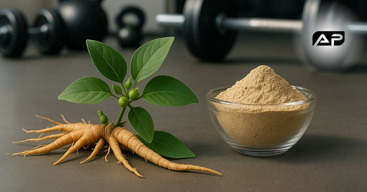 Raw ashwagandha root and powder in a glass bowl with gym equipment in the background.