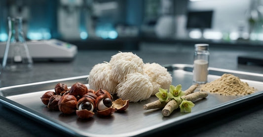 Natural ingredients on a tray with a blurred laboratory setting