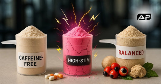 Three labeled pre-workout scoops—Caffeine-Free, High-Stim, and Balanced—shown with matching ingredients and visual effects.