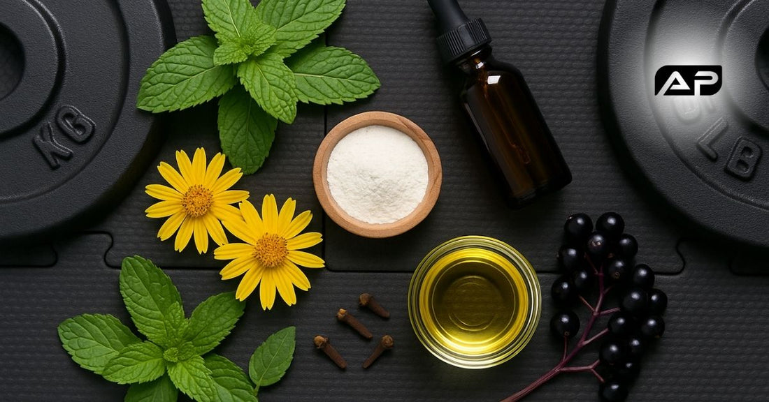 Natural ingredients for joint relief on a black gym mat with weight plates—includes peppermint, arnica, elderberries, cloves, taurine, grapeseed oil, and clove oil.