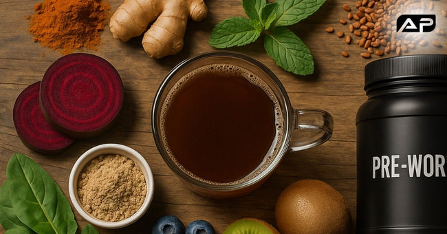 Top-down view of a glass of natural pre-workout drink surrounded by fresh ingredients like ginger, mint, spinach, berries, kiwi, and a black pre-workout container on a wooden table