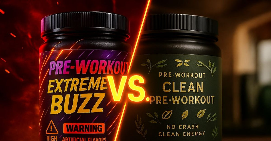Split image of two pre-workout jars; the left side shows a flashy, synthetic "Extreme Buzz" pre-workout with warning labels, while the right side shows a clean, natural "Clean Pre-Workout" jar with gold text and leaf graphics.