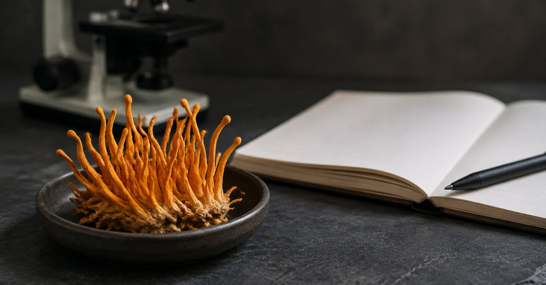 Orange Cordyceps mushrooms beside a microscope and blank research notebook.