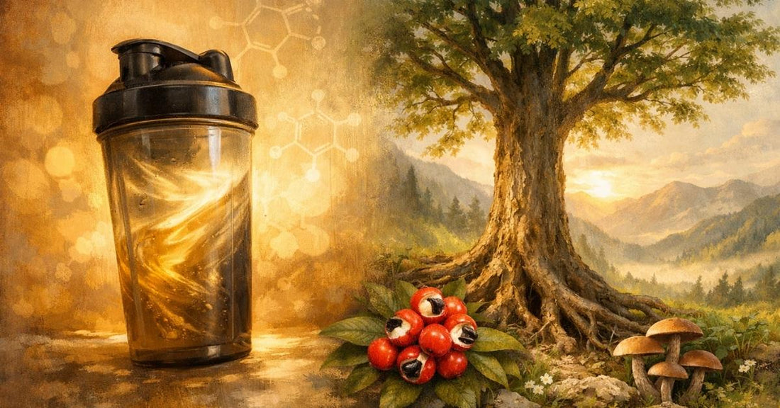 Shaker bottle and bright colors on one side with berries and mushrooms in a mystical forest setting on the other