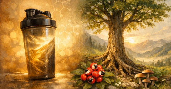 Shaker bottle and bright colors on one side with berries and mushrooms in a mystical forest setting on the other