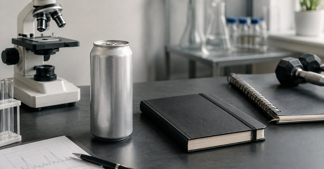 An unbranded beverage can beside a microscope and research notebook.