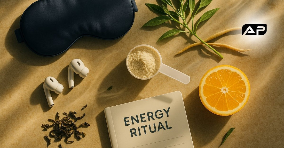 Tabletop setup with sleep mask, earbuds, protein powder scoop, 'Energy Ritual' book, orange, and herbs on a wooden surface.