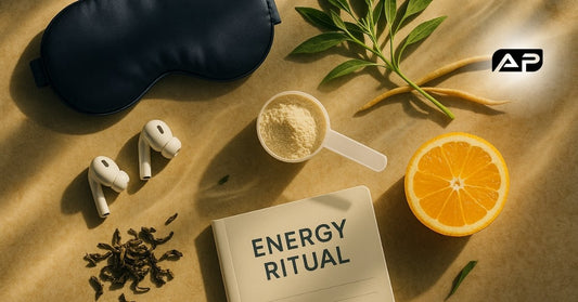 Tabletop setup with sleep mask, earbuds, protein powder scoop, 'Energy Ritual' book, orange, and herbs on a wooden surface.