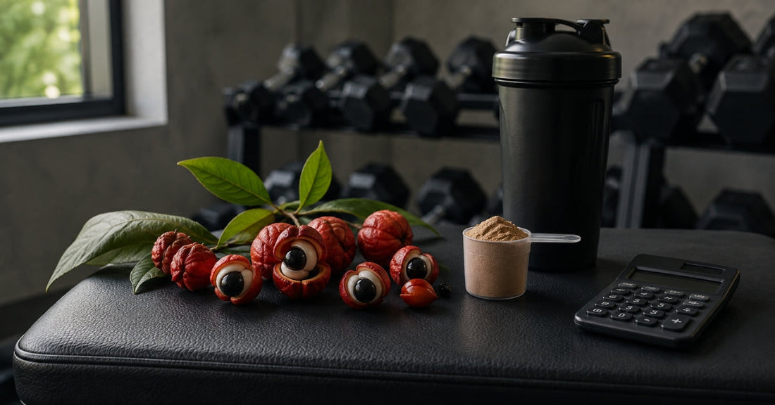Guarana fruit and seeds beside a calculator and black shaker bottle.