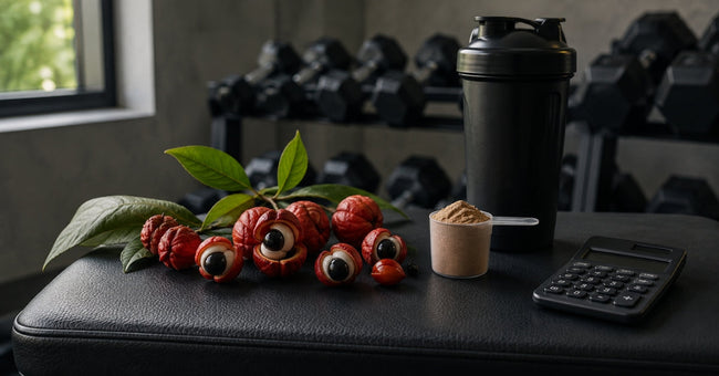 Guarana fruit and seeds beside a calculator and black shaker bottle.
