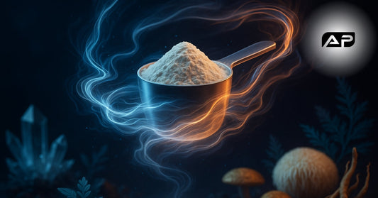 High quality pre workout powder in a sleek scoop, surrounded by energy-inspired swirls and premium natural ingredients, symbolizing purity and performance.