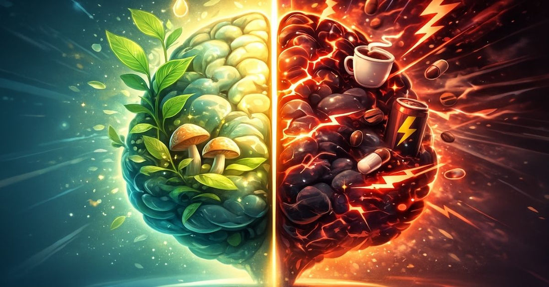 Split brain illustration with green and natural left side and fiery artificial right side.