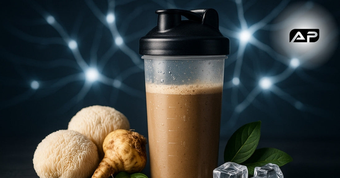 A hyperrealistic image of a pre-workout shaker surrounded by Lion’s Mane mushrooms, maca root, fresh green leaves, and ice cubes, with a glowing neural network background