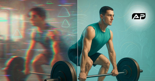 Man lifting weights with a blurred background on the left and a clear background on the right