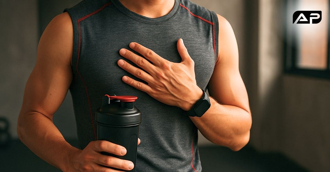 Fit man in a sleeveless workout shirt rests a hand on his chest while holding a shaker bottle, symbolizing awareness of heart health and stimulant effects in pre-workout supplements.