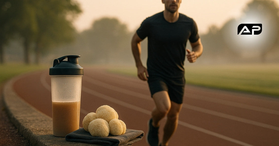 A male runner in dark athletic gear jogs on an outdoor track at sunrise, with a clear shaker bottle filled with a light brown drink and raw Lion’s Mane mushrooms resting on a folded towel in the foreground.