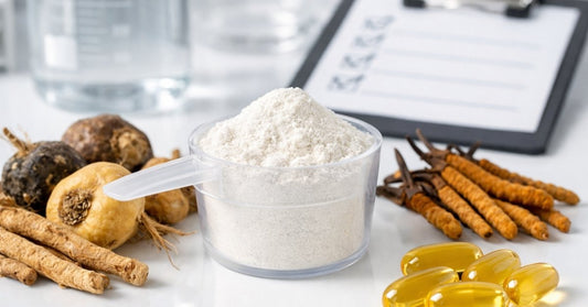 Pre-workout powder scoop with natural ingredients and capsules on a clinical table.